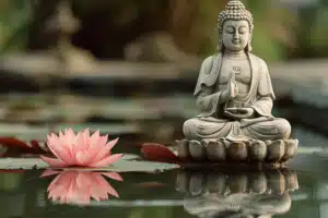 Budha's meditation near a pink lotus