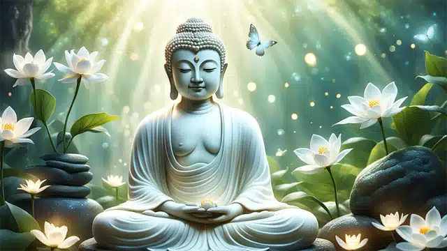 budha meditating among white lotus